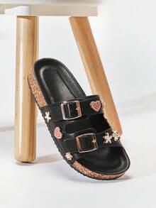Mini mi Kids' Star & Heart Charms Double-Buckle Footbed Cork Pu Black Slide Sandal– Cute, Fun & Comfortable - Black - View 5