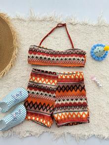 Dazy Kids Young Girl Summer Beach Vacation Colorblock Striped Geometric Embroidery Cropped Halter Bikini Set Set - Multicolor - View 7