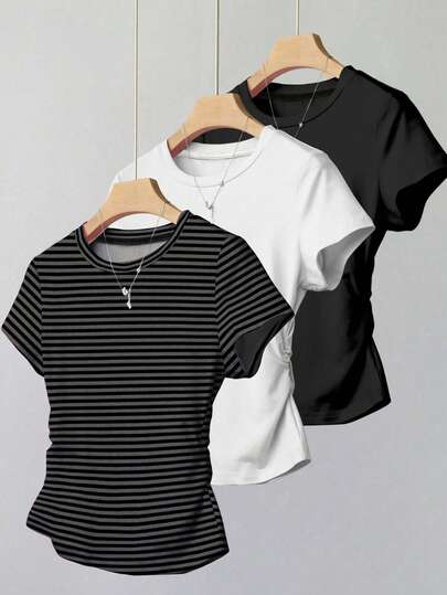 3-Pack Teen Girls Casual Striped Cropped Tee, Black, White, Dark Grey, Teens Girls Minimalist Drawstring Waist Short Sleeve Tops, Suitable For Spring & Summer Daily Wear, Easy Comfort, Summer Casual, Spring & Summer Fashion, Effortless Chic, Laid-Back Style, Relaxed Chic, Chill Vibe Outfits