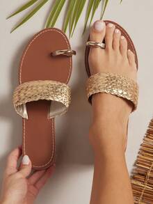 SHUZIA Fashionable Ladie's Gold Toe Ring-Loop, Flat Sandal Non-Slip Stylish Comfort Open Toe Spring Summer Chic Holiday Beach Wear Shoes - Gold - View 2