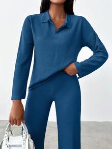 EURMUSE Solid Drop Shoulder Tee & Pants - Blue - View 5