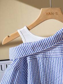 Tween Girls Blue White Stripe Short-Sleeved Shirt,Fake-Two Pieces Summer Casual Style,Elegant And Classy For School Performance,Back-To-School Wear - Blue - View 8