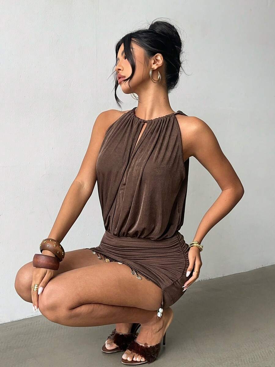 Aloruh Women's Solid Color Sexy Evening Party Date Spring Summer Vacation Shell Tassel Ruched Bodycon Dress, Brown Sexy Deep V Backless Halter Mini Dress - Brown - View 1