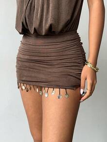 Aloruh Women's Solid Color Sexy Evening Party Date Spring Summer Vacation Shell Tassel Ruched Bodycon Dress, Brown Sexy Deep V Backless Halter Mini Dress - Brown - View 7