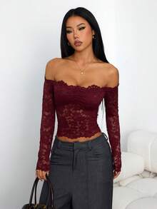 SHEIN PETITE 女士蕾丝性感透视镂空露肩长袖上衣，酒红色，适合圣诞节、万圣节、亡灵节、秋冬季叠穿，红色上衣，圣诞节 - 酒紅色 - 查看 6