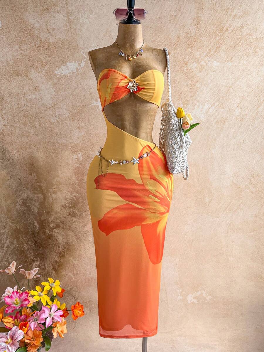 Soleia 女士管状金属花朵装饰镂空性感沙滩度假约会长裙 - 彩色 - 查看 1