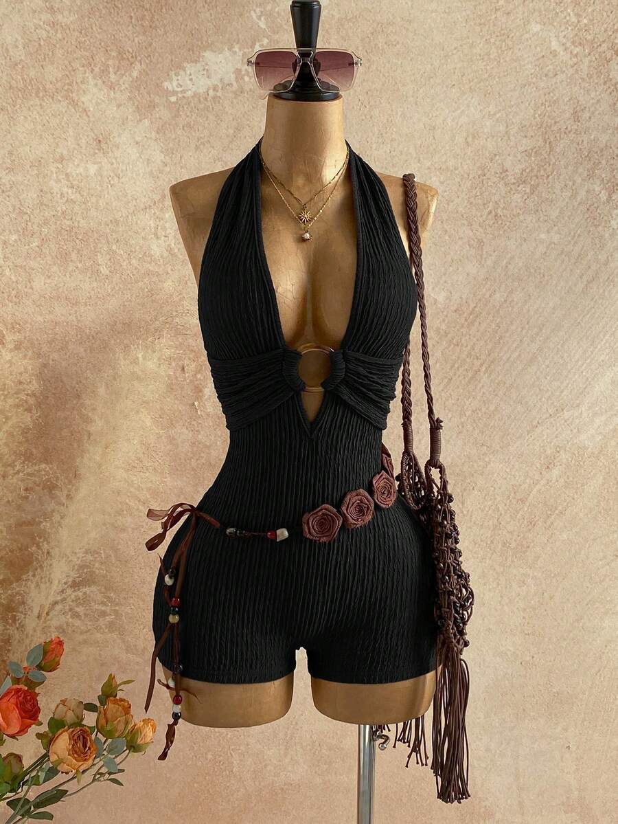 Soleia Bộ jumpsuit nữ màu trắng dệt kim có họa tiết, kiểu dáng thanh lịch, hở lưng, cổ tròn, gợi cảm cho Halloween, Giáng sinh, kỳ nghỉ. - màu đen - Xem 1