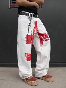 Manfinity ZONE917 男士涂鸦印花宽松直筒牛仔裤 - 白色 - 查看 4