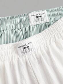 SHEIN EZwear 2件套水洗棉条纹宽松长裤，夏季 - 綠色 - 查看 4