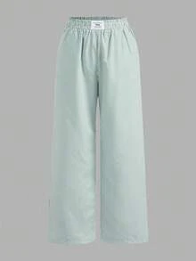 SHEIN EZwear 2件套水洗棉条纹宽松长裤，夏季 - 綠色 - 查看 7