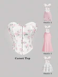 SHEIN MOD Women's Pink Lace Floral Bustier Top, Spring/Summer,Valentine,Elegant,Resort Wear Women,Floral,Summer Outfits For Women,Spring Clothes,Summer Vacation Outfits,Floral Top,Lace Top, Corset With Flowers, Strapless Shirts, Flower Tube Top, Floral Tube Top,Elegant,Vacation - Multicolor - View 2