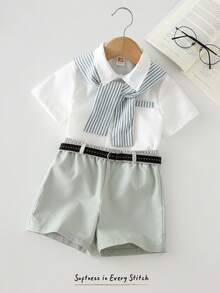 Bộ 3 món cho bé trai: Áo cardigan tay ngắn cổ bẻ kẻ sọc xanh trắng và quần short cạp chun. - Màu xanh Bạc hà - Xem 6