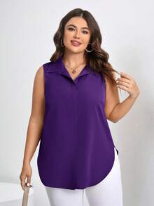 SHEIN Clasi Plus Size Women's Casual Sleeveless Solid Color Shirt, Summer - Purple - View 6