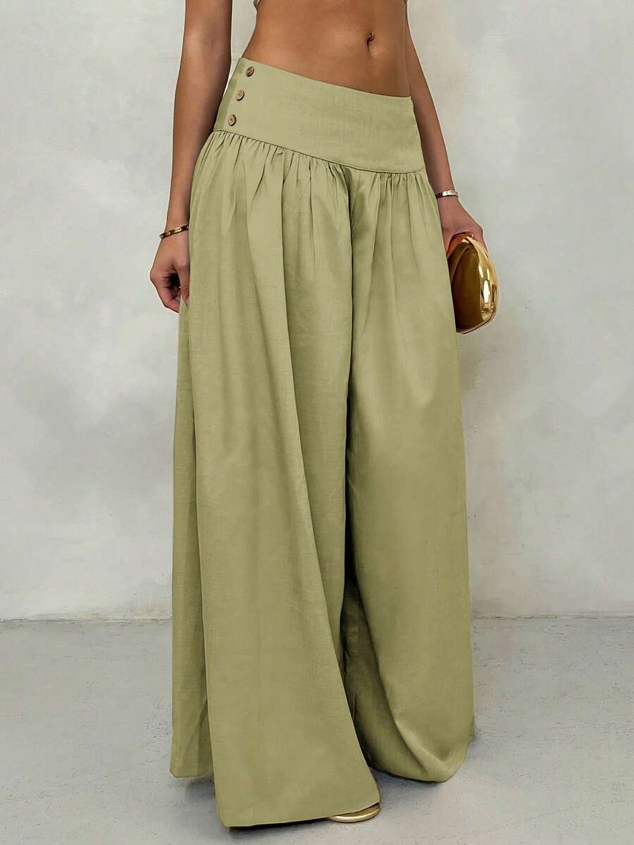 SHEIN PETITE 复古低腰阔腿裤，飘逸显瘦休闲长裤，秋季女装返校季阔腿裤，橄榄绿阔腿裤，夏季阔腿裤，宽松阔腿裤，沙滩度假，夏季 - 綠色 - 查看 1
