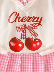 Elladie kids Set de 2 piezas de blusa de manga corta y falda a cuadros para niñas pequeñas, blusa color albaricoque con estampado de cereza y letras, combinada con mini falda a cuadros, conjunto casual de verano dulce y de moda - Rosa Fucsia - Ver 3