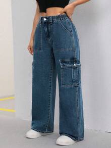 SHEIN EZwear 大码女式带口袋纽扣休闲宽松水洗牛仔阔腿裤 - 霧霾藍 - 查看 5
