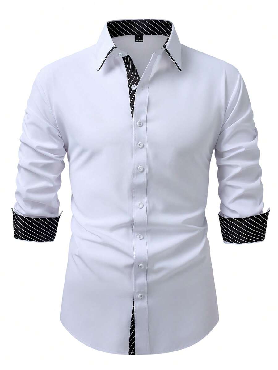 Manfinity Mode 男士休闲条纹拼接前开襟长袖衬衫，秋季款 - 白色 - 查看 1