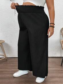 Plussiva Maternity Plus Size Solid Color Elastic Waist Casual Straight Loose Pants - Black - View 2