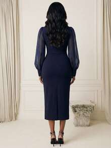 Playroots 女士优雅修身拼接欧根纱长袖连衣裙，后开衩设计，春季款 - 藍色 - 查看 2