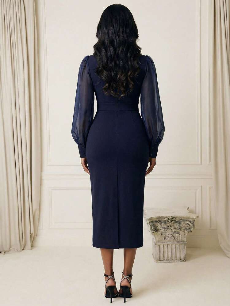 Women's Elegant Fitted Splice Organza Long Sleeve Dress With Back Slit, Spring