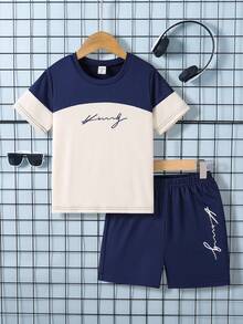 SHEIN Set de 2 piezas: Camiseta de manga corta de cuello redondo + Pantalones cortos, estilo callejero para niños pequeños, para verano, escapadas, vacaciones, viajes, relajación, tomar el sol - Azul - Ver 3