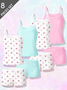 4pcs/Set Girls Comfortable Casual Underwear Set, Pink Cherry Design - Multicolor - View 1