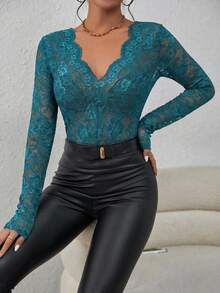 Firerie Áo ren dài tay, màu trơn, vai thường, gợi cảm dành cho nữ - Màu xanh lá cây đậm - Xem 5