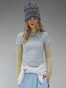 COUREZ 双层长袖针织衫/Y2K长袖上衣 外出上衣 女式上衣 冬季女装 灰色上衣 性感可爱女式上衣 - 彩色 - 查看 3