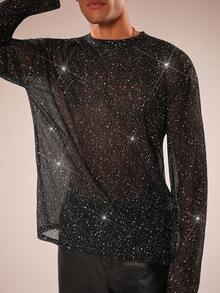 FeverCity 男士时尚性感闪亮透视长袖T恤 - 黑色 - 查看 6