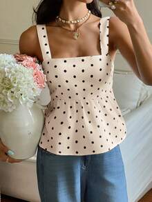Serisse 女士休闲波点印花露背系带吊带背心，夏季 - 杏色 - 查看 3