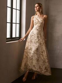 MOTF PREMIUM VESTIDO ASIMÉTRICO CON CUELLO DE LENTEJUELAS DE CONTRASTE - Dorado - Ver 8