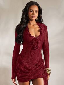 Opulessa Vacation Solid Color Knit Lace Halter Backless Bodycon Mini Dress For Women,  Summer Spring Outfits, Beach Vacation Outfits, Elegant Going Out Outfits - Red - View 4