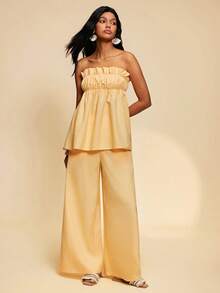Travachic 2026 New Women's Romantic Vacation Cream Yellow Strapless Loose Top With Ruffle Hem & Long Pants With Pockets - Pale Yellow - View 6