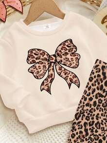 SHEIN Happikins 2pcs Baby Girl Cream Leopard Print Bow Graphic Sweatshirt And Leggings Set,Coffee Brown,Autumn,Cute Modest,Family Matching Casual Outfits - Multicolor - View 2