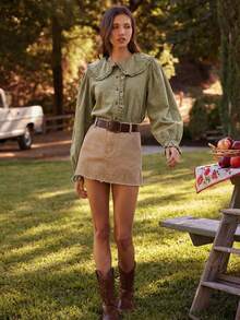 WESTFADE Cotton Blend Chambray Ruffle Collar Long Sleeve Button Up Shirt Cute Fall Tops, Country Concert, Autumn, Winter, Boho, Casual, Cute - Olive Green - View 5