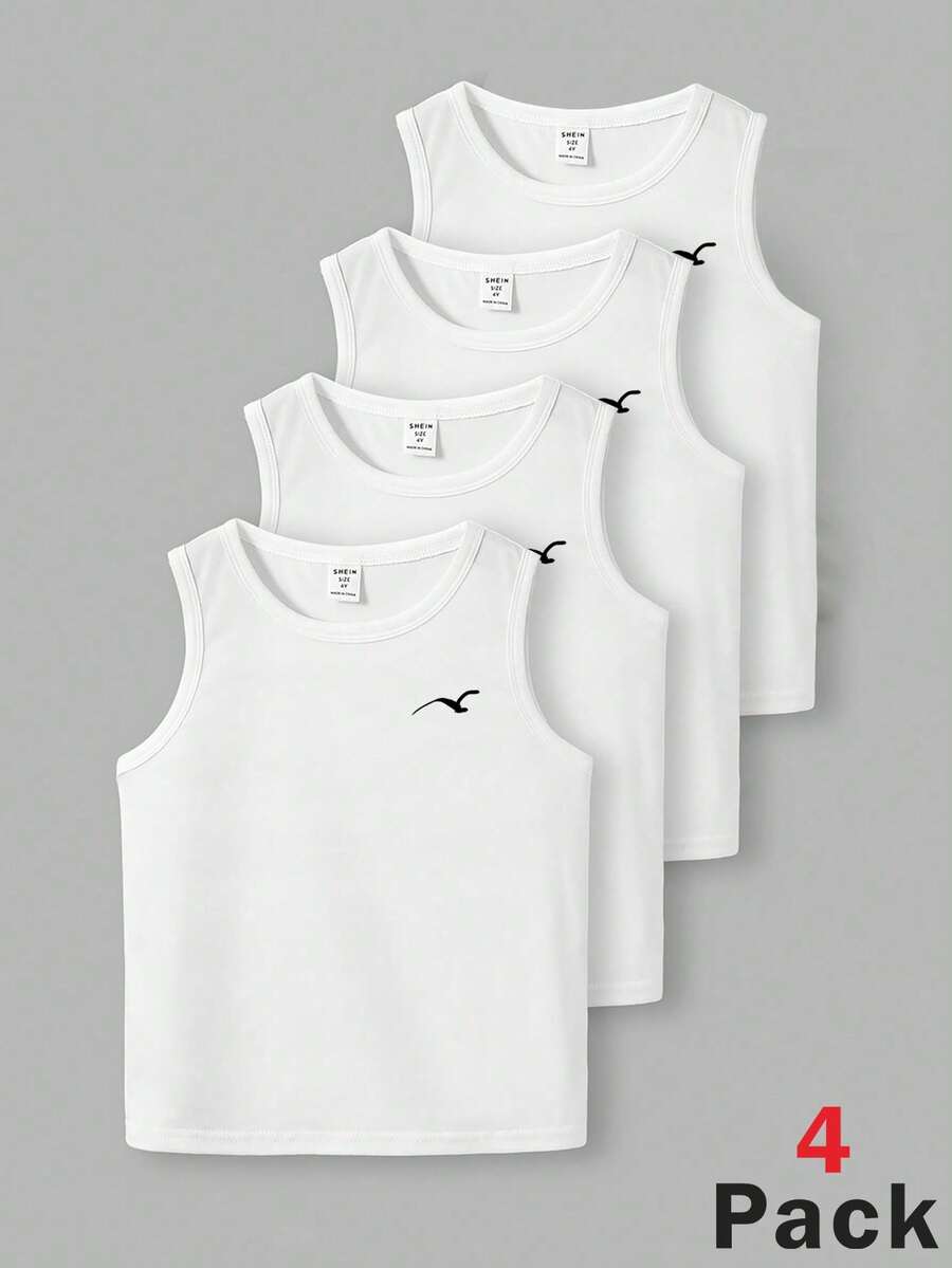SHEIN Set de 4 camisetas de tirantes casuales y cómodas con gráfico de pájaro para niños, adecuadas para primavera/verano - Blanco - Ver 1