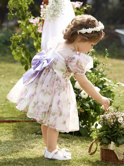 Babygirl Elegant & Cute Organza Floral Pattern Bow Decor Dress