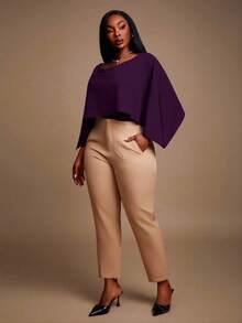 Radiana Plus Size Women's Elegant Daily Basic Dark Purple Solid Color Elegant Off Shoulder Batwing Cape Style Bodysuit Party Night Autumn Winter - Purple - View 6