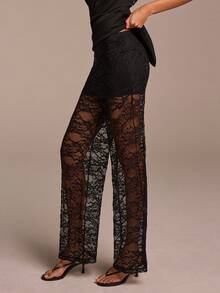 COSMINA 2pcs Women Strapless Mini Dress & Lace Pants Set, Casual Elegant Modern Mini Dress Suit, Black Lace 2 Piece Set Sleeveless Top & Long Pants Outfit - Black - View 6