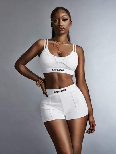 Amplova 女士夏季休闲字母印花露脐吊带背心和短裤两件套
