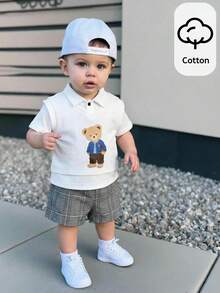 SHEIN LMoss Kids 男婴卡通熊印花背心、白色衬衫、松紧腰短裤三件套绅士套装 - 彩色 - 查看 4