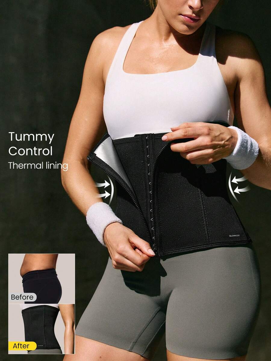 GLOWMODE 提升运动强度 吸汗保暖收腹塑形带 可调节钩扣拉链 双层压缩腰带 促进排汗 训练健身房日常运动服 - 黑色 - 查看 1