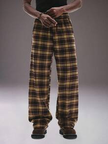 STYNVO Herren karierte Hose mit Kordelzug in der Taille, Herren karierte Hose, Herren weite Hose, Herren locker sitzende Hose, Herren Oversized Hose - Gelb - Übersicht 3