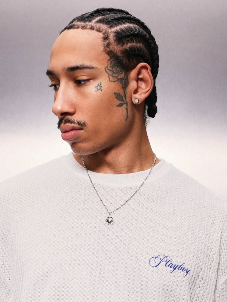 PLAYBOY X SUMWON Boxy Fit Crew Neck Three Quarter Sleeve Waffle Texture T-Shirt With Back Logo Print For Casual Everyday Wear