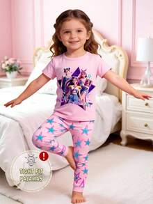 1 Set Pijama de top de manga corta y pantalones de ajuste ceñido con diseño de cuello y puños con gráfico de banda para niñas jóvenes, primavera/verano - Rosa - Ver 3