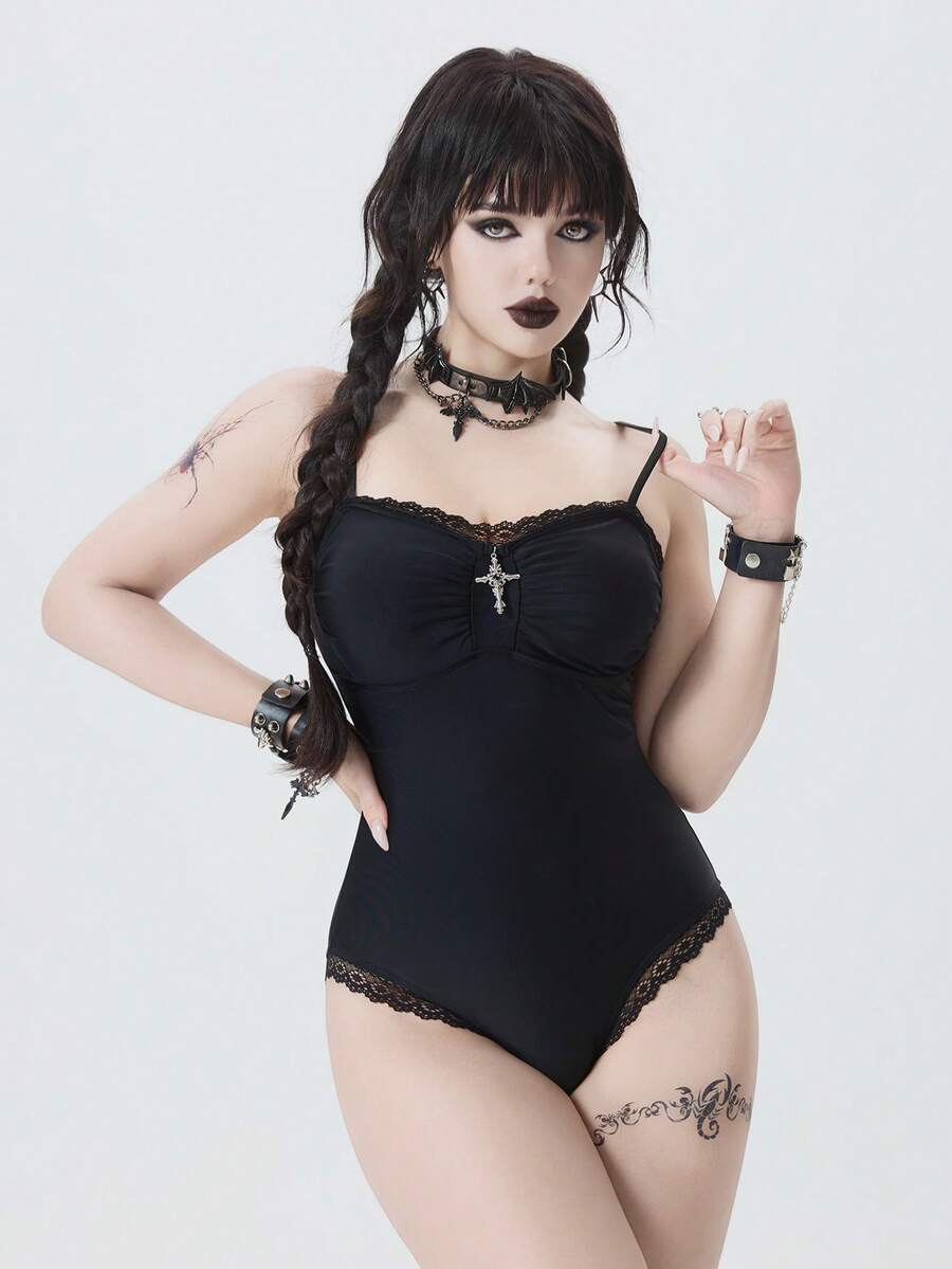ROMWE Goth Contrast Lace Ruched One Piece Swimsuit - Black - View 1