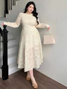 Dazy Plus Dehnbares, figurbetontes, elegantes Spitzen-Patchwork-Meerjungfrauenkleid, sexy Damenkleid in Große Größen für Frühling/Herbst-Dates, Apricot - Aprikosenfarben - Übersicht 2