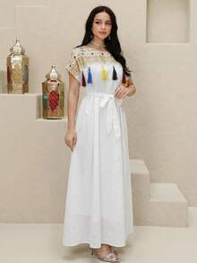 Al Najma Summer White Romantic Women's Round Neck Floral Embroidery Pattern Tassel Waist Tie Design Casual Party Arabic Style Dress Abaya Arabic-Style Long Kaftan Robe, Arabic Women's Dress, Turkish Dress, Abaya Robe, Traditional Women's Dress Arabic Style Long Dress Kaftan Jalabiya Dress Arabic Dress For Women Turkish Dress Abaya Dress Abaya For Women - Multicolor - View 8