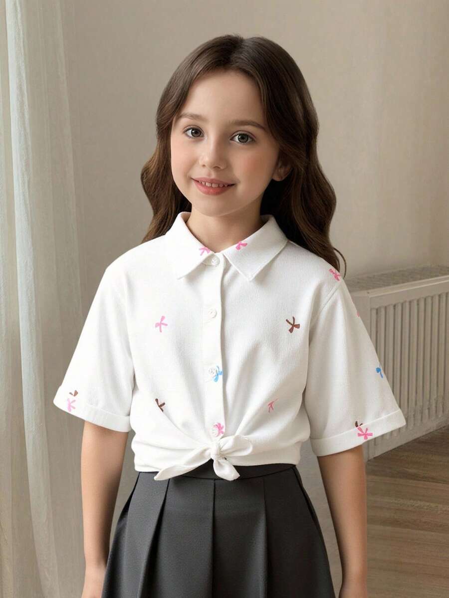 SHEIN 年轻女孩度假海滩休闲百搭刺绣镂空白色宽松短袖衬衫，假日，夏季，旅行 - 白色 - 查看 1