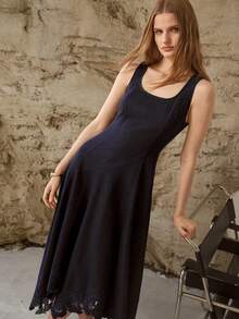 MOTF PREMIUM WOMEN'S SPRING/SUMMER NATURAL ASYMMETRIC A-LINE HOLLOW OUT EMBROIDERED MIDI DENIM DRESS - Navy Blue - View 8